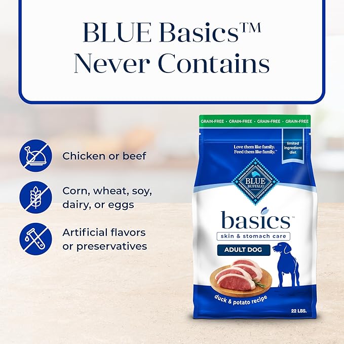 Blue Buffalo Basics Grain-Free Dry Dog Food for Adult Dogs, Limited Ingredient Diet, Duck Recipe, 22-lb. Bag