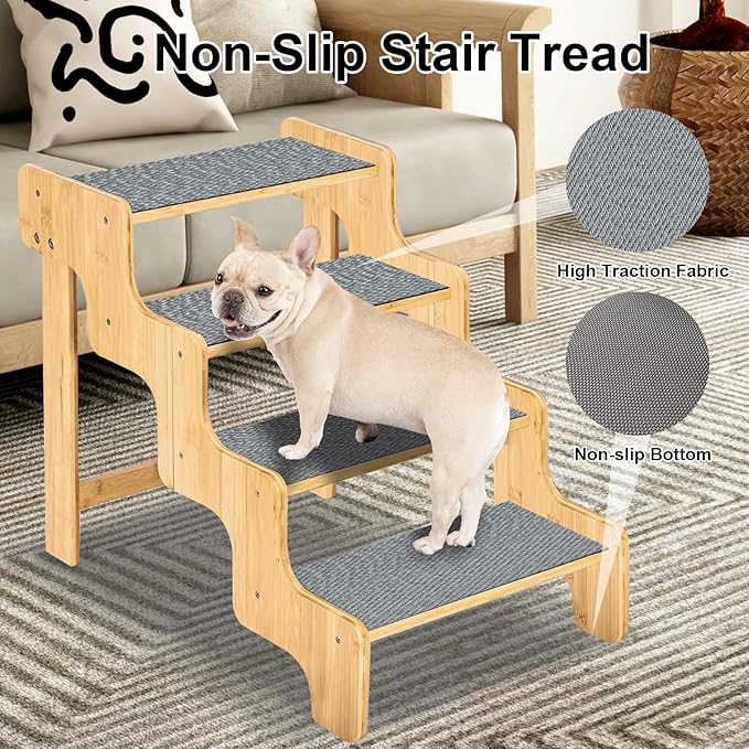 Dog Stairs for High Bed and Couch, Bamboo Dog Steps for Large and Small Dogs, 4-Step Non-Slip Balanced Pet Stairs for Dog/Cat, Wooden Dog Steps for High Beds