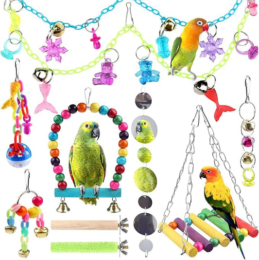 Bird Parakeet Toys, 10 pcs Swing Hanging Standing Chewing Toy, Hanging Bell Pet Bird Cage Colorful Toys for Parakeets, Cockatiel, Parrot, Budgerigar, PietyPet