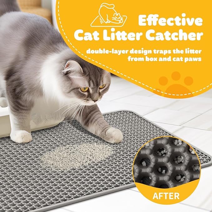 Cat Litter Mat Large - 24"x15" Litter Trapping Mat, Easy to Clean Litter Box Mat, Waterproof, Urine-Proof, Non-Slip Kitty Litter Mats for Floor, Grey