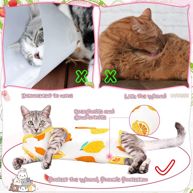 3 Pieces Cat Recovery Suit Kitten Recovery Suit E-Collar Alternative for Cats and Dogs Abdominal Skin Anti Licking Pajama Suit (Fruit Pattern, Small)