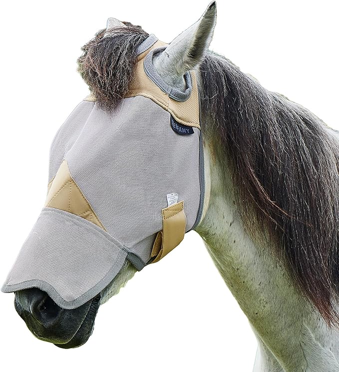 DEERFAMY Adjustable Horse Fly Mask, High-Quility Net Mesh Mask with Large Eye Space,Full Coverage, Soft & Gentle on Skin, No Ears but with Nose (Gold, M)