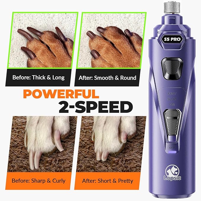 Dog Nail Grinder with 2 LED Lights Powerful 2-Speed Dog Nail Trimmers with 3 Grinding Wheels Super Quiet Rechargeable Pet Dog Nail Clippers Kit for Large Medium Dogs Cats Small Animal Nail Care