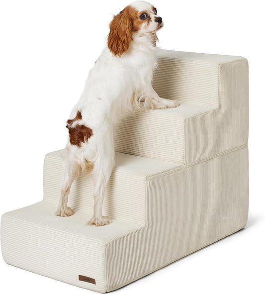 Lesure Dog Stairs for High Beds, Extra Wide Pet Stairs, 4-Steps Dog Steps for Medium/Small Dogs and Old Cats, Foldable Dog Steps with CertiPUR-US Certified Foam and Non-Slip Bottom, Beige