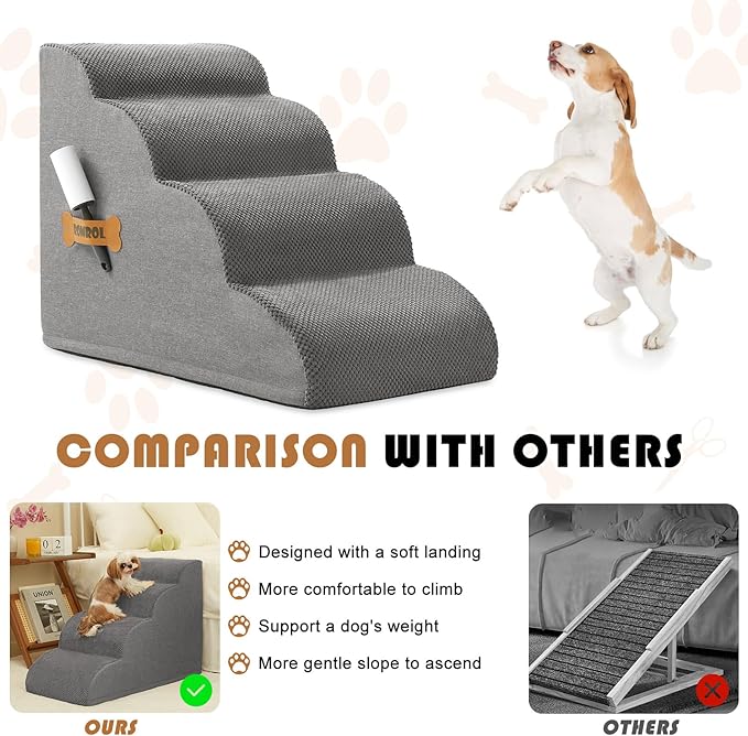 Dog Stairs, Romrol Dog Steps Ramp for High Bed and Couch, Dog Ramp with Durable Non-Slip Waterproof Fabric Cover, Pet Stairs for Small Dogs and Cats or Pets Joints, 4-Tiers,Grey