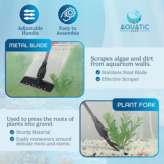 Aquarium Cleaning Tools 7 in 1 - Fish Tank Cleaning Kit with Algae Scraper, Scrubber Pad, Adjustable Telescopic Long Handle, Fish Net, Gravel Rake, Fork & Brush - Saltwater & Freshwater Fish Tank