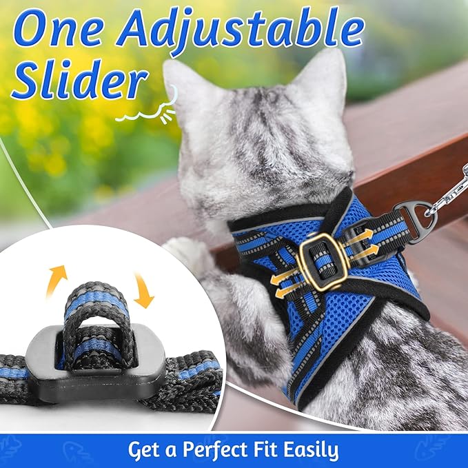 rabbitgoo Cat Harness and Leash Set for Walking Escape Proof, Adjustable Soft Kittens Vest with Reflective Strip for Cats, Comfortable Outdoor Vest,Blue,L