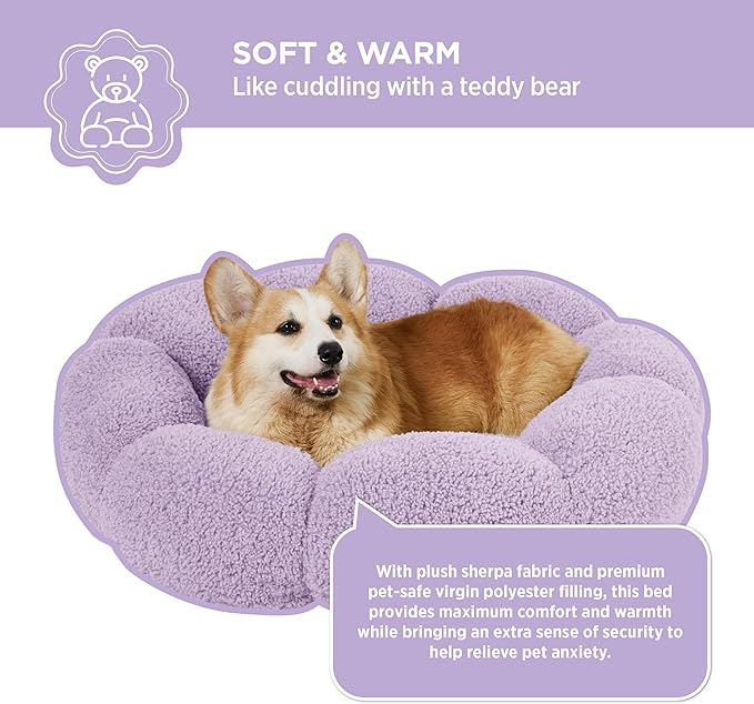 Lesure Calming Large Dog Bed - Flower Donut Round Fluffy Puppy Bed in Plush Teddy Sherpa, Non-Slip Cute Flower Dog Beds, Large Pet Bed Fits up to 100 lbs, Machine Washable, Purple 36"