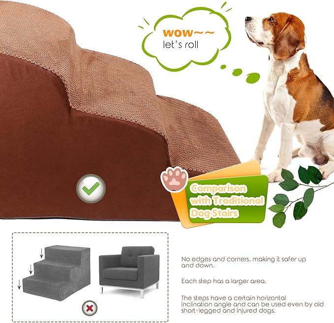 Foam Dog Stairs/Steps, 3 Tiers Pet Ramp/Ladder with Waterproof Cover for Bed Couch Sofa, Non-Slip, Dog Stair for Small Dogs Cats with Old/Injured/Short-Legged, 15.7" H Brown…