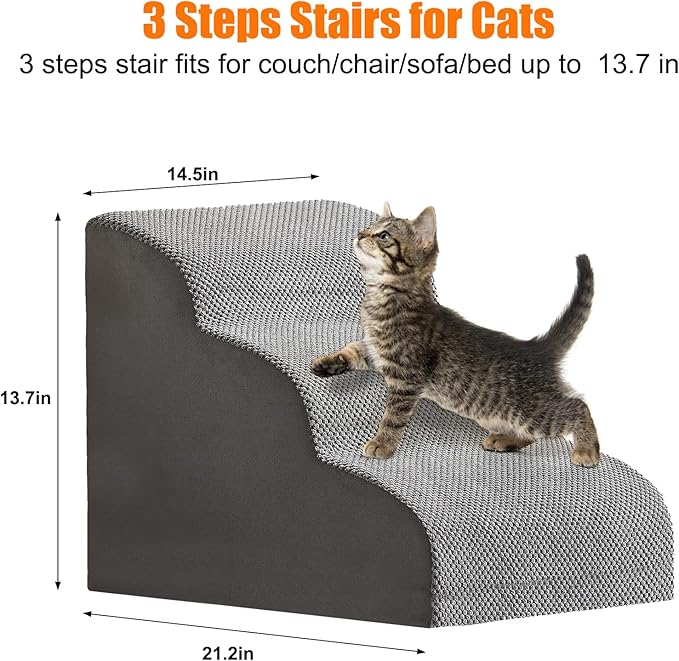 Mity rain Cat Stairs, 3-Steps Cat Stairs for Old Cats, Gentle Slop Design for Senior/Injury/Small Cats, Strong Support 3D Cat Ramp for Climbing on Bed Chair Couch