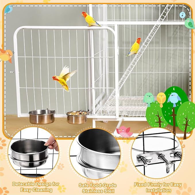 2 Pcs Bird Bowls for Cage Stainless Steel, Small Bird Cage Feeding Dish Cups, 10Oz + 17Oz Detachable Parrot Water Feeder Bowls with Clamp Pet Food Water Hanging Bowls for Small Dog Cat