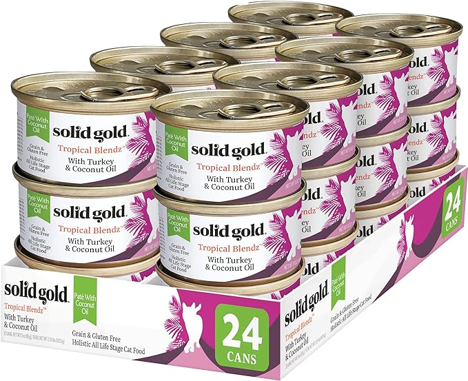 Solid Gold Wet Cat Food Pate for Adult & Senior Cats - Real Turkey & Coconut Oil - Tropical Blendz Grain Free Wet Cat Food for Healthy Digestion, Skin, Coat & Sensitive Stomach - 24ct/3oz Can