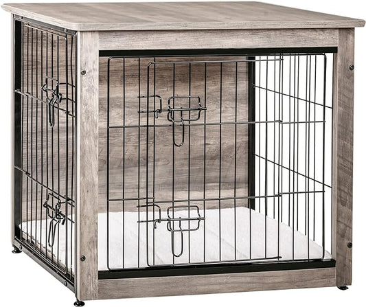 DWANTON Dog Crate Furniture with Cushion, Wooden Dog Crate with Double Doors, Dog Furniture, Dog Kennel Indoor for Small/Medium/Large Dog，End Table, Small, 27.2" L, Greige