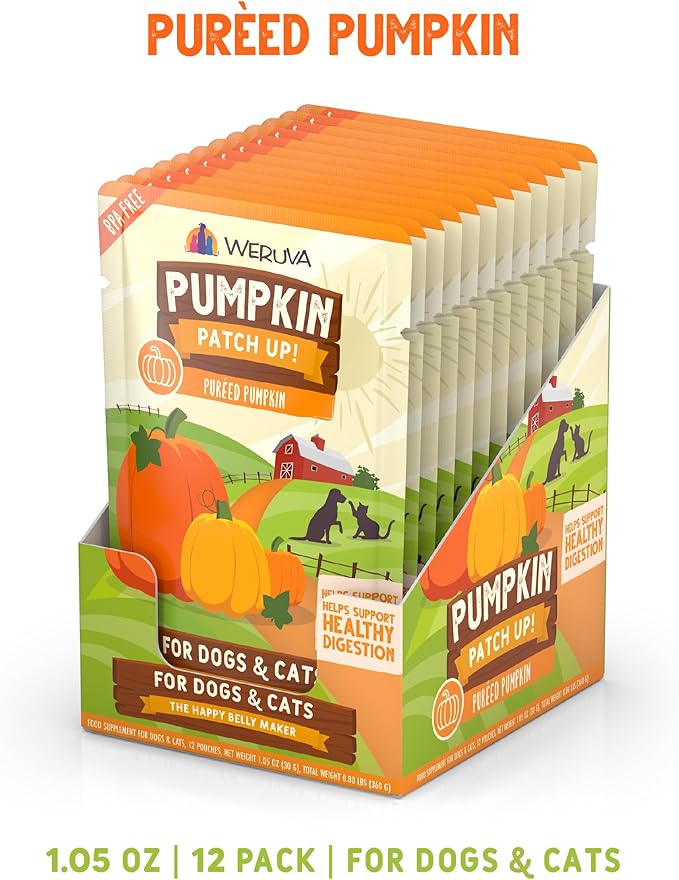 Weruva Pumpkin Patch Up! Pumpkin Puree Pet Food Supplement for Dogs & Cats, 1.05oz Pouch (Pack of 12)