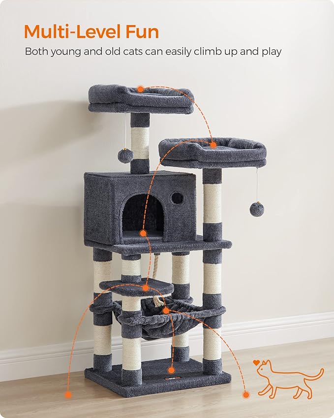 Feandrea Cat Tree, 44.1-Inch Cat Tower for Indoor Cats, Multi-Level Cat Condo with 11 Scratching Posts, 2 Perches, Cave, Hammock, Smoky Gray UPCT215G01