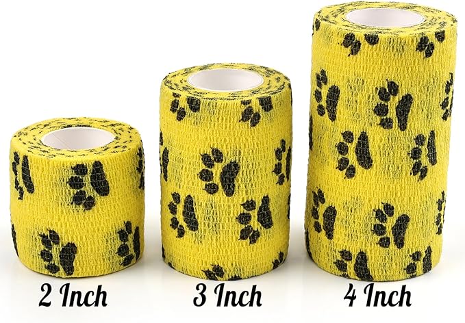 AUPCON Vet Wrap Cohesive Bandages Bulk Self Adhesive Bandage Wrap Self Adherent Wrap Non-Woven for Dogs Pet Animals & Ankle Sprains & Swelling 2 Inch x 5 Yards (2 Pack Yellow Paws)