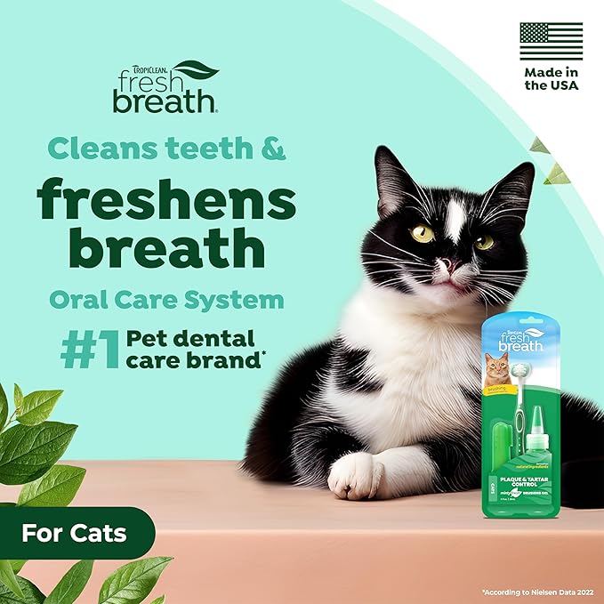 TropiClean Fresh Breath Plaque & Tartar Control Kit for Cats | Kit with Cat Toothbrush & Fingerbrush | Cat Teeth Cleaning Gel | Help With Bad Breath