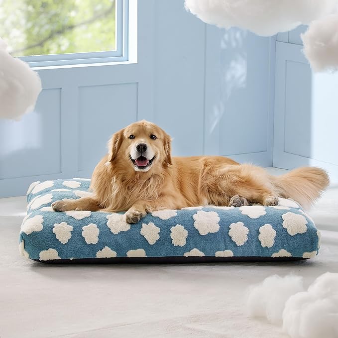 Lesure Extra Large Dog Bed-Thick Shredded Chopped Foam Pet Bed, Dog Bed Indoor with Removable Cover, Cute Modern Fuzzy Plush & Anti Slip Bottom(44x32', Blue)