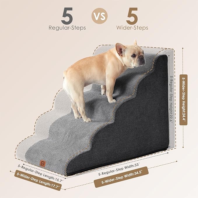 EHEYCIGA Curved Dog Stairs for High Beds, 5-Step Extra Wide Dog Steps for Small Dogs and Cats, Pet Stairs for High Bed Climbing, Non-Slip Balanced Pet Step Indoor, Grey