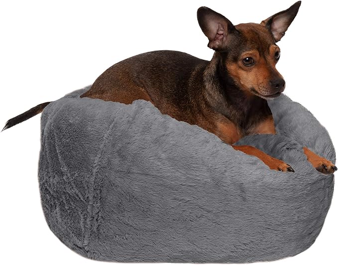 Furhaven Soft & Cozy Dog Bed for Small Dogs, Refillable w/ Removable Washable Cover & Liner, For Dogs Up to 20 lbs - Plush Faux Fur Bean Bag Style Ball Bed - Gray Mist, Small