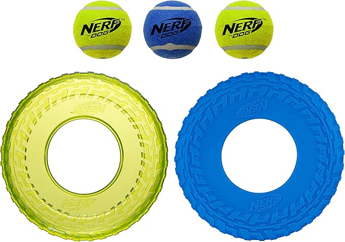 Nerf Dog 5-Piece Dog Toy Gift Set, includes 2.5in Squeak Tennis Ball 3-Pack, 10in Translucent TPR Tire Flyer, and 10in TPR Tire Flyer, Nerf Tough Material, Green and Blue