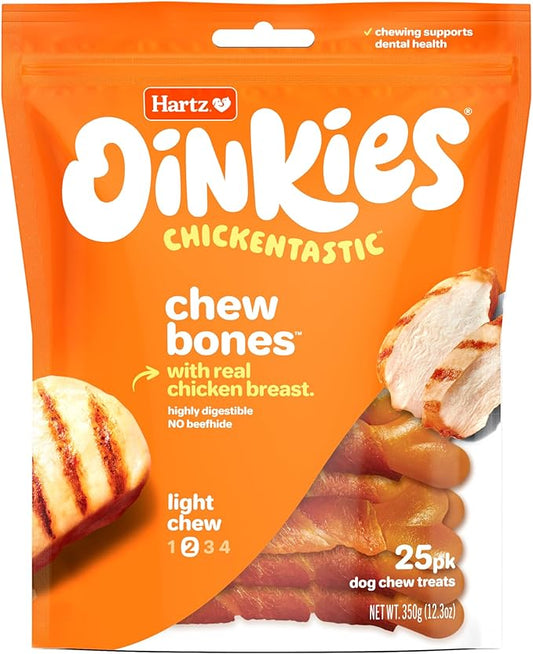 Hartz Oinkies Chickentastic Chew Bones Dog Treats with Real Chicken Breast, Long-Lasting Yet Highly Digestible, 25 Count