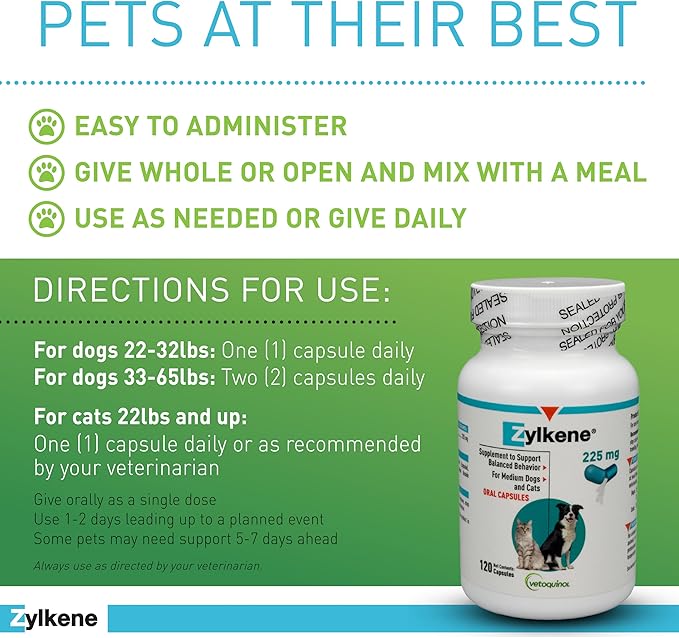 Vetoquinol Zylkene Calming Support Supplement for Medium Dogs 33-65lbs Helps Promote Relaxation and Reduce External Stress Factors, Daily Behavioral Support and Anxiety Relief for Dogs, 225mg