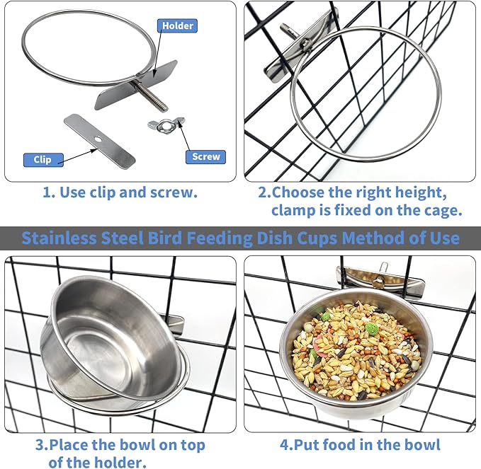 Tfwadmx 6 Pcs Bird Feeding Dish Cups Parrot Food Bowl Clamp Holder Coop Cup, Bird Cage Water Bowl for Parakeet African Greys Conure Cockatiels Lovebird Budgie Chinchilla