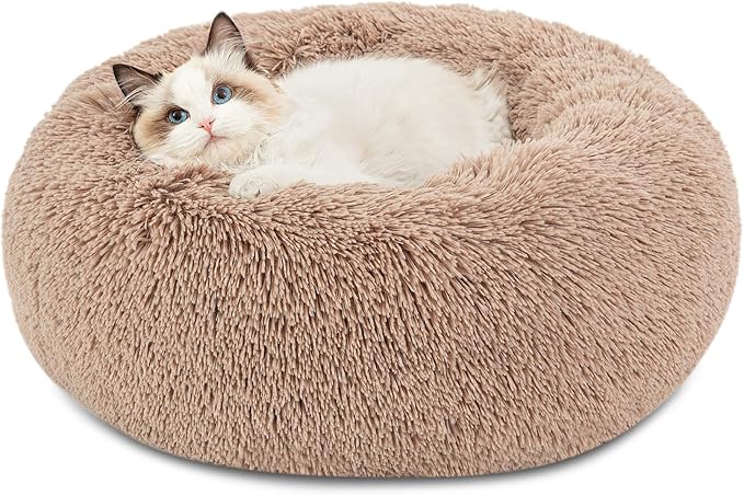 Bedsure Calming Cat Beds for Indoor Cats - Small Cat Bed Washable 20 inches, Anti-Slip Round Fluffy Plush Faux Fur Pet Bed, Fits up to 15 lbs Pets, Camel