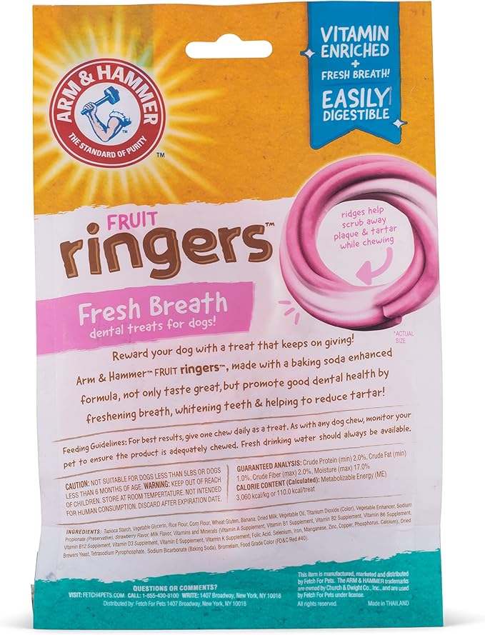 Arm & Hammer for Pets Ringers Dental Treats for Dogs Dog Dental Chews Fight Bad Breath & Tartar Without Brushing Fruity Strawberry Flavor in Dog Treat Bag,Dental Dog Chews(Pack of 24,120 Count)