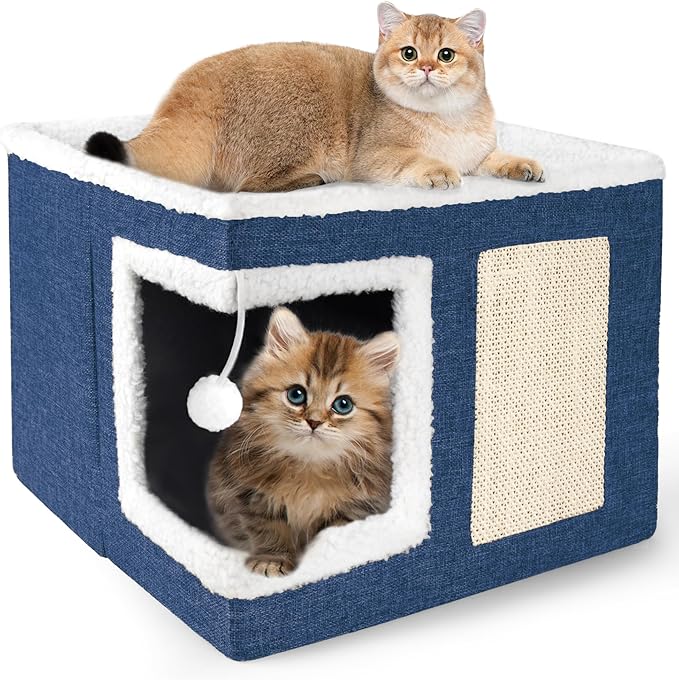 Cat Houses for Indoor Cats - Large Cat Bed Cave for Cat House with Scratch Pad and Fluffy Ball, Foldable Cat Hideaway with Reversible Cushion Cat Condo for Multi Small Pet, Navy Blue