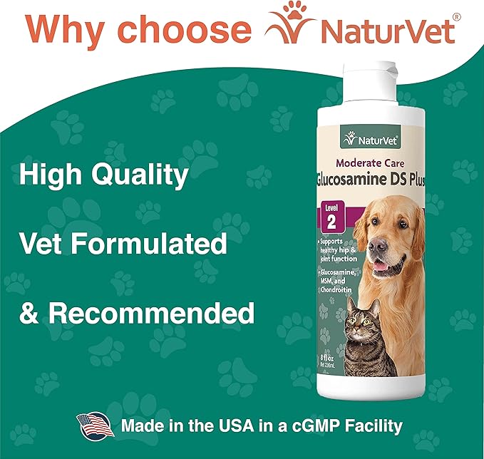 NaturVet Glucosamine DS Plus Hip & Joint Support Liquid Pet Supplement – Level 2 Moderate Care for Dogs & Cats – Includes Glucosamine, MSM, Chondroitin – 8 Oz.