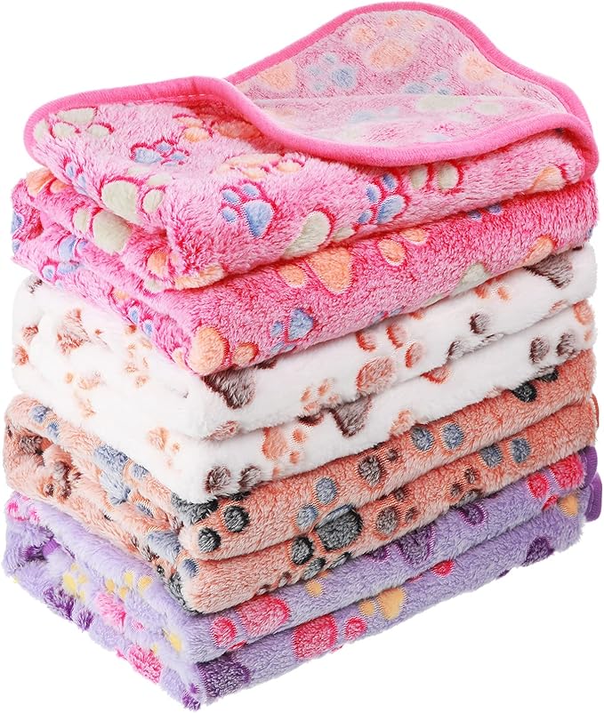 4 Pcs Pet Blanket Dog Puppy Blanket Paw Print Fleece Blanket for Small Medium Pet Dog Cat Warm Soft Sleep Mat Guinea Pig Cage Liners Blanket (White, Coffee, Pink, Purple,Medium(30 x 20.5 Inch))