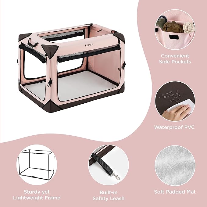 Lesure Collapsible Dog Crate - Portable Dog Travel Crate Kennel for Large Dog, 4-Door Pet Crate with Durable Mesh Windows, Indoor & Outdoor (Pink)