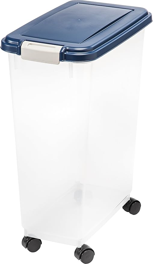 IRIS USA WeatherPro Airtight Dog Food Storage Container, Up to 38 lbs, Attachable Wheels, For Dog Cat Bird and Other Pet Food Storage Bin, Keep Fresh, Translucent Body, Easy Mobility, Navy