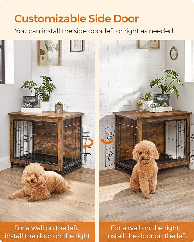 Feandrea Dog Crate Furniture, Side End Table, Modern Kennel for Dogs Indoor up to 30 lb, Heavy-Duty Dog Cage with Multi-Purpose Removable Tray, Double-Door Dog House, Rustic Brown UPFC001X01