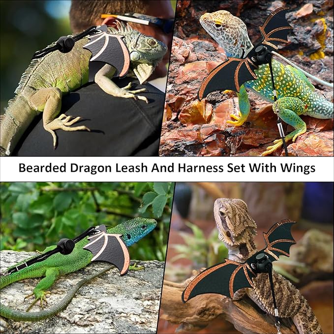 Bearded Dragon Sling Carriers and Leash Harness,Adjustable Harness with Leather Wings and Sling Bag, Reptile Small Pet Backpack Batwing Accessories,Bearded Dragon Tanks Decor for Outdoor