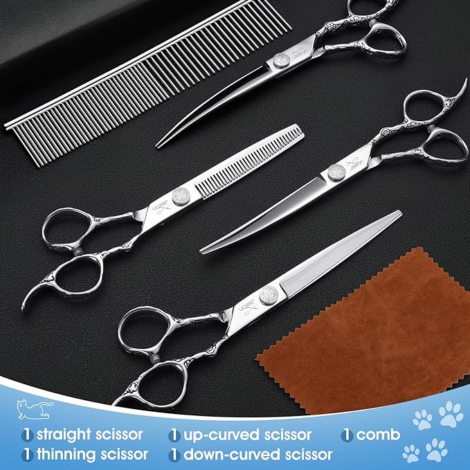 JASON Dog Grooming Scissors Kit, Professional 6 in 1 Dog Scissors Set - 6.5" Thinning, 7" Straight, 7" Up-Curved, 7" Down-curved Shears and Comb for Dog Cat Pet (Silver)