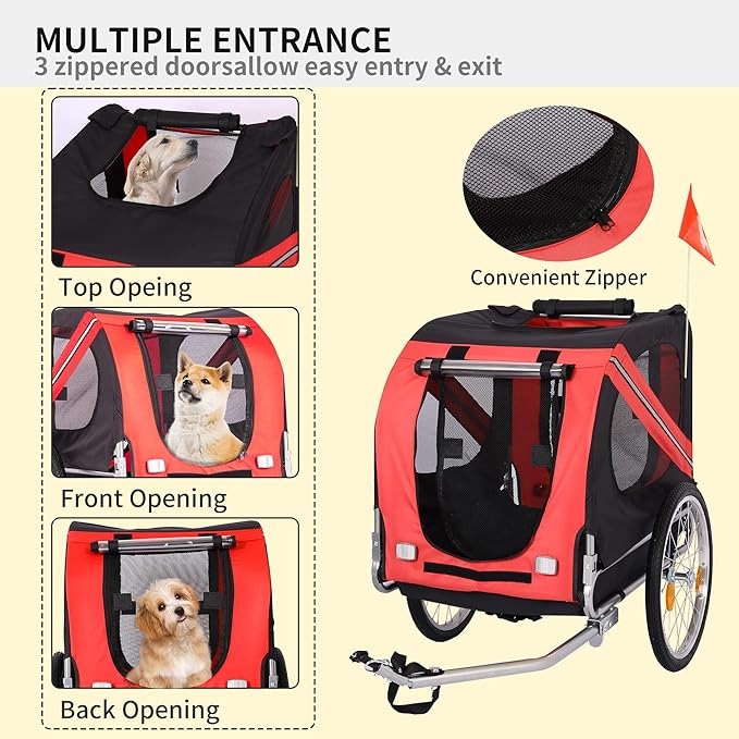 Bike Dog Trailer Folding Cart Frame with 3 Entrances Safety Flag 8 Reflectors, 20" Rear Wheels, Quick Conversion Bicycle Carrier for Medium Small Pets