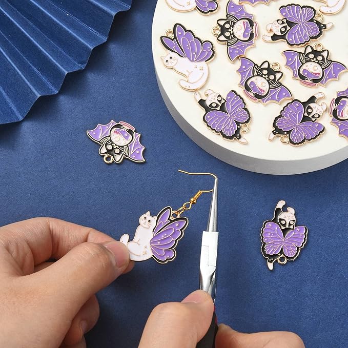 KitBeads 15pcs Enamel Butterfly Cat Charms Mixed Styles Purple Kitten Charms Halloween Bat Tarot Cat Charms for Jewelry Making Bracelets Bulk