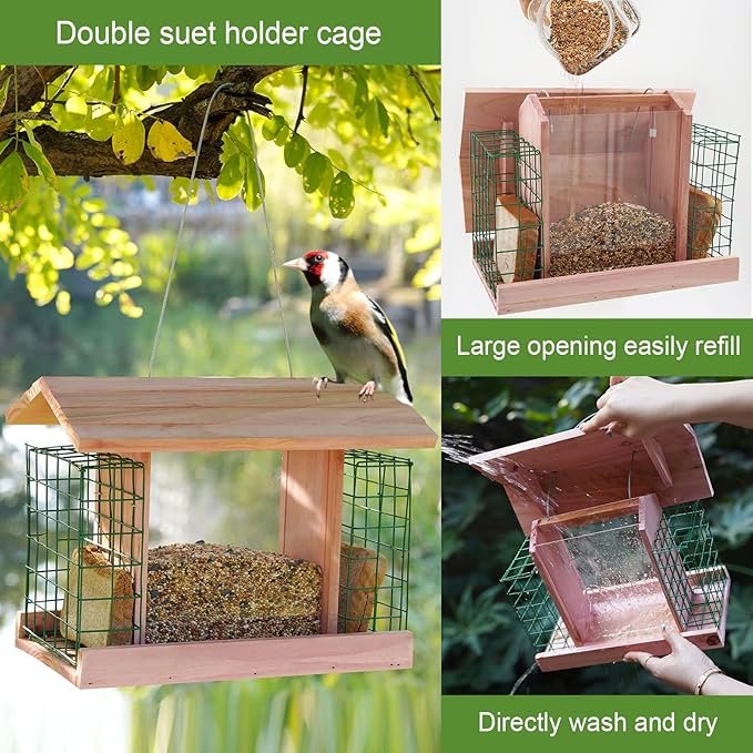 Wooden Bird Feeders with 2 Suet Cages, Large Capacity Handmade Wildbird Feeder for Outside Hanging, Pink