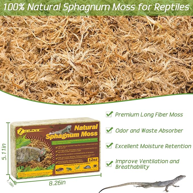 ZeeDix 12OZ Sphagnum Moss for Reptiles, 20QT Premium Dried Moss for Terrarium Long Fibered Leopard Gecko Moss Natural Sphagnum Peat Moss Bedding for Frogs Anoles Snake Turtle Plants