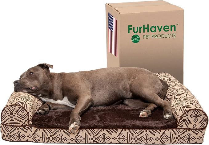 Furhaven Orthopedic Dog Bed for Large/Medium Dogs w/ Removable Bolsters & Washable Cover, For Dogs Up to 55 lbs - Plush & Southwest Kilim Woven Decor Sofa - Desert Brown, Large