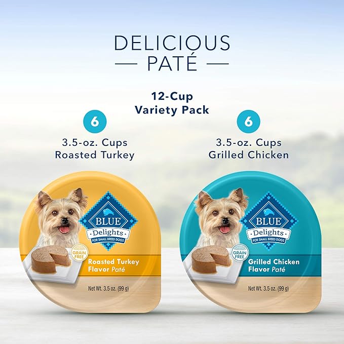 Blue Buffalo Delights Natural Small Breed Wet Dog Food Cups Variety Pack, Roasted Turkey and Grilled Chicken Flavor 3.5-oz (12pack- 6 of Each Flavor)