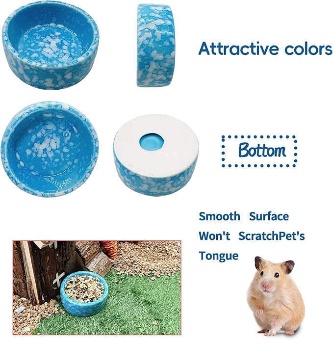 kathson 4 Pcs Hamster Food Bowl Guinea Pig Ceramic Water Bowl Small Animal Feeding Dish for Dwarf Hamster Gerbil Syrian Ferret Hedgehog Chinchilla Bunny (Blue)