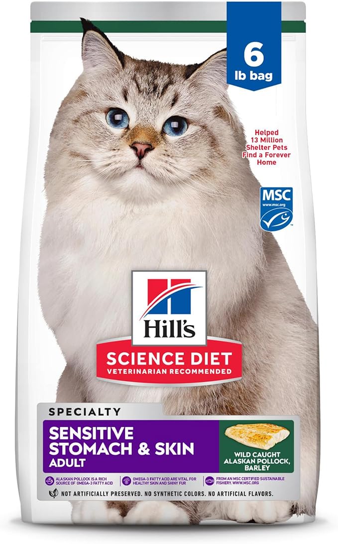 Hill's Science Diet Sensitive Stomach & Skin, Adult 1-6, Stomach & Skin Sensitivity Support, Dry Cat Food, Pollock & Barley, 6 lb Bag