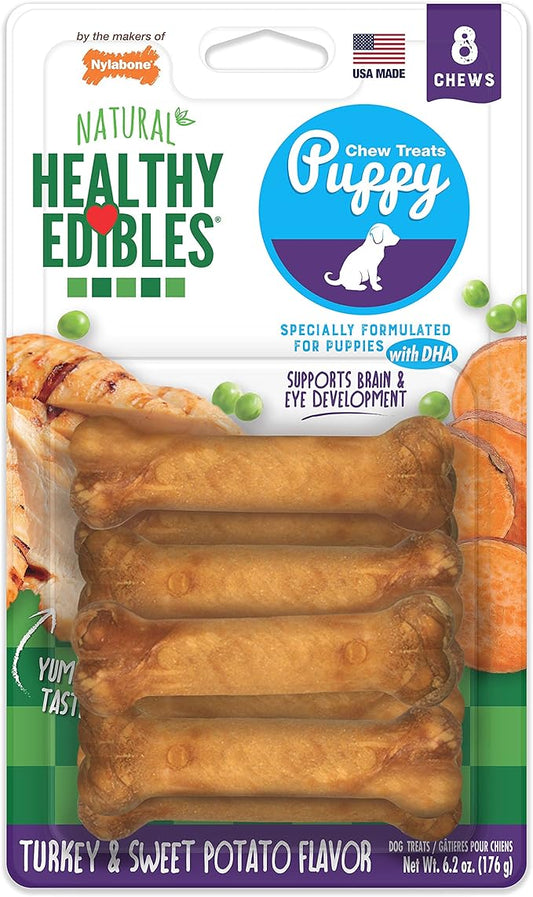 Nylabone Healthy Edibles Natural Puppy Chews Long Lasting Turkey & Sweet Potato Flavor Treats for Dogs, X-Small/Petite (8 Count)