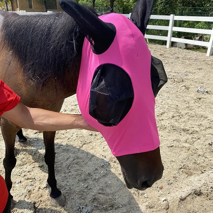 Upgrade Uv Horse Fly Mask with Ears - Equine Sunscreen Lycra Quiet Ride Elasticity Fly Mask with Ear Protection (Pink)