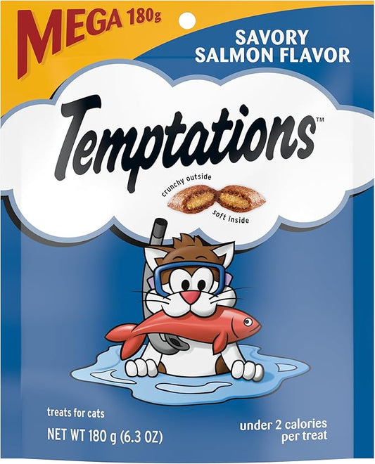 TEMPTATIONS Classic Crunchy and Soft Cat Treats Savory Salmon Flavor, 6.3 oz. Pouch (Pack of 10)