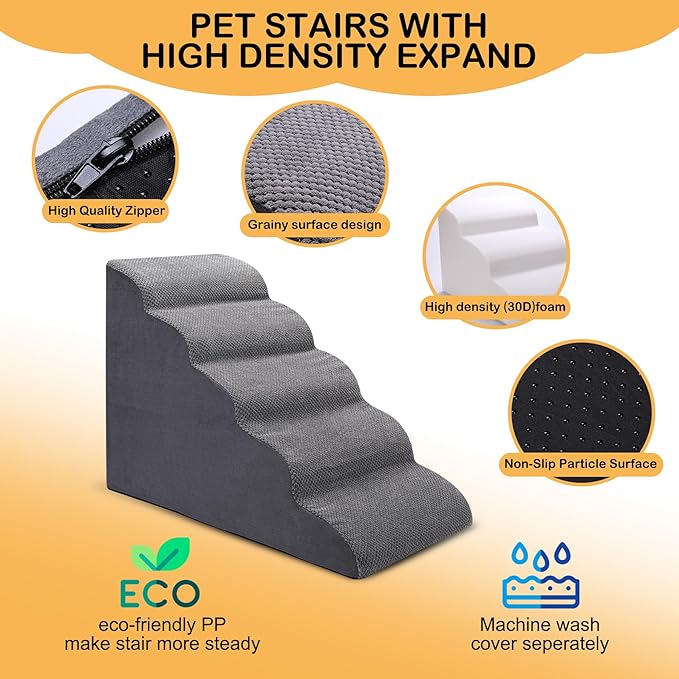 Dog Stairs for Bed, 5 Tier Dog Steps for Couch and High Bed, Non-Slip Pet Stairs, 24" High Sofa Foam Dog Stairs - Best for Small Pets, Older Dogs, Cats with Joint Pain